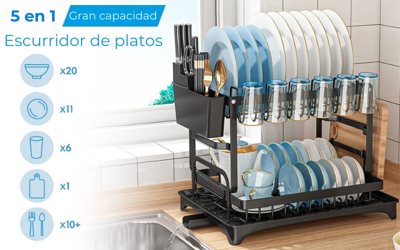 Escurridor de Platos de Acero Inoxidable Doble Nivel con Drenaje Automático 360°