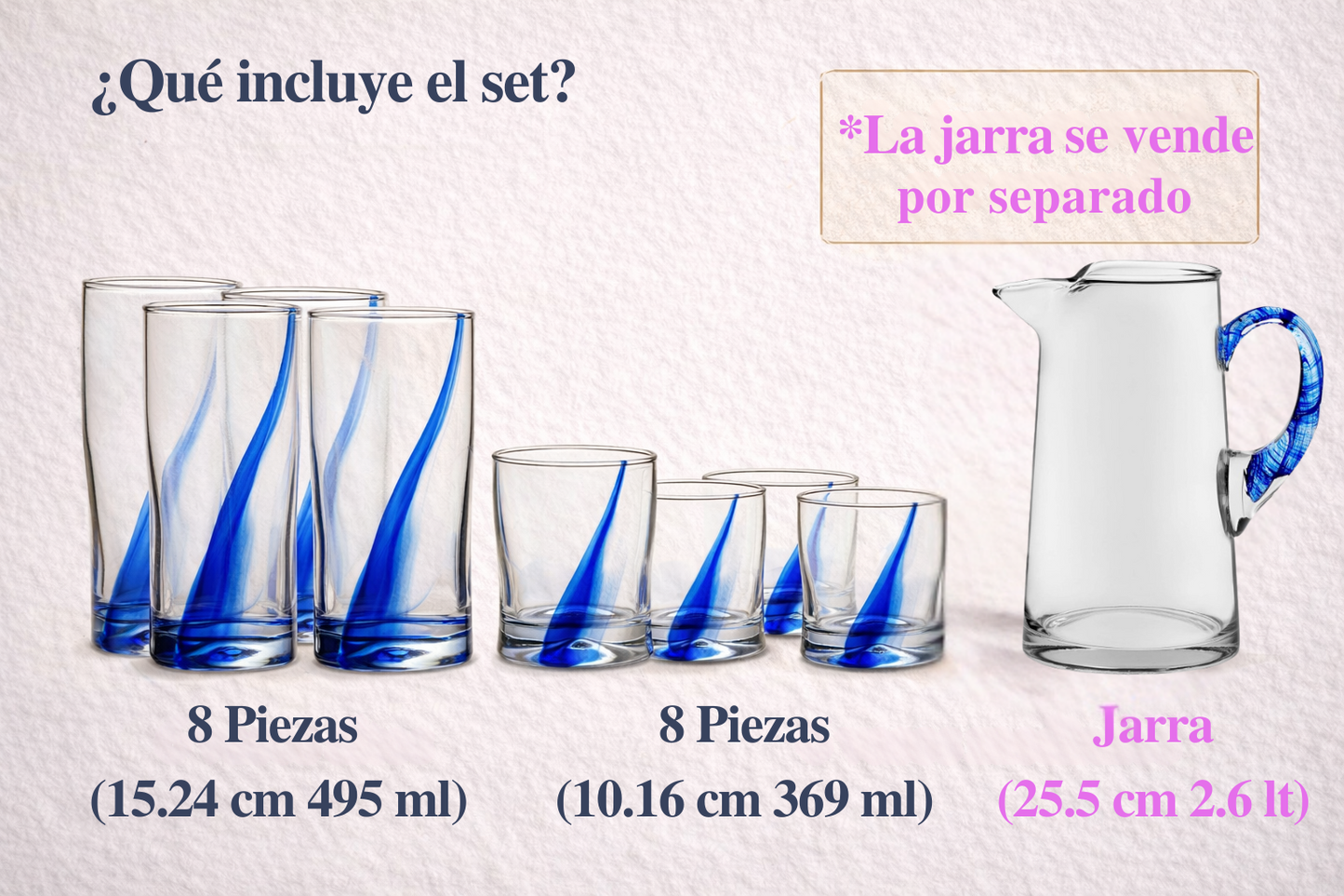 AquaListón – Set Decorativo de Cristal 8 piezas de 495 ml y 8 piezas de 369 ml