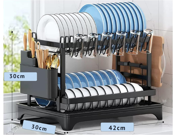 Escurridor de Platos de Acero Inoxidable Doble Nivel con Drenaje Automático 360°