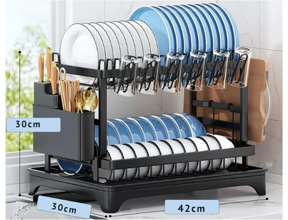 Escurridor de Platos de Acero Inoxidable Doble Nivel con Drenaje Automático 360°