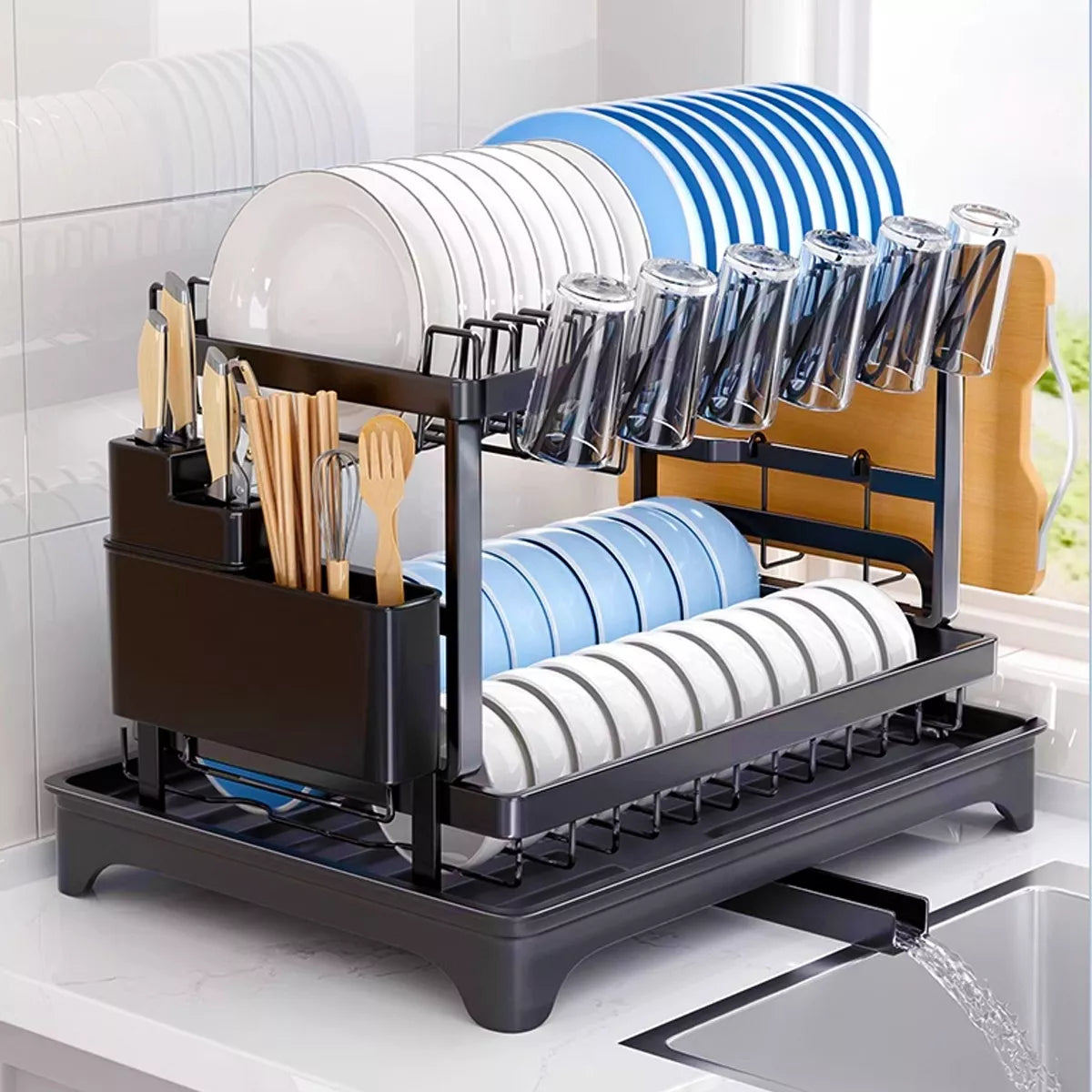 Escurridor de Platos de Acero Inoxidable Doble Nivel con Drenaje Automático 360°