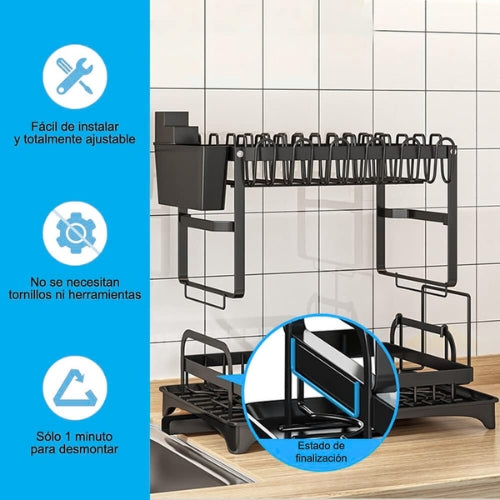 Escurridor de Platos de Acero Inoxidable Doble Nivel con Drenaje Automático 360°