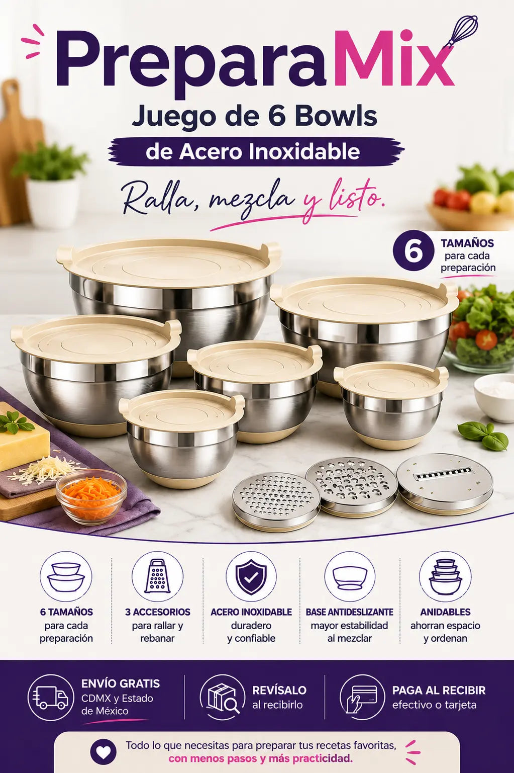 PreparaMix - Juego de 6 Bowls de Acero Inoxidable