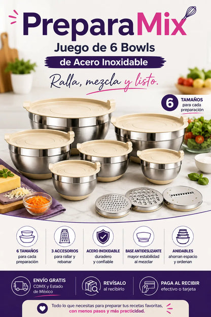 PreparaMix - Juego de 6 Bowls de Acero Inoxidable