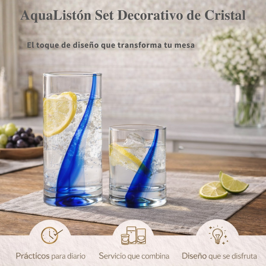 AquaListón – Set Decorativo de Cristal 8 piezas de 495 ml y 8 piezas de 369 ml